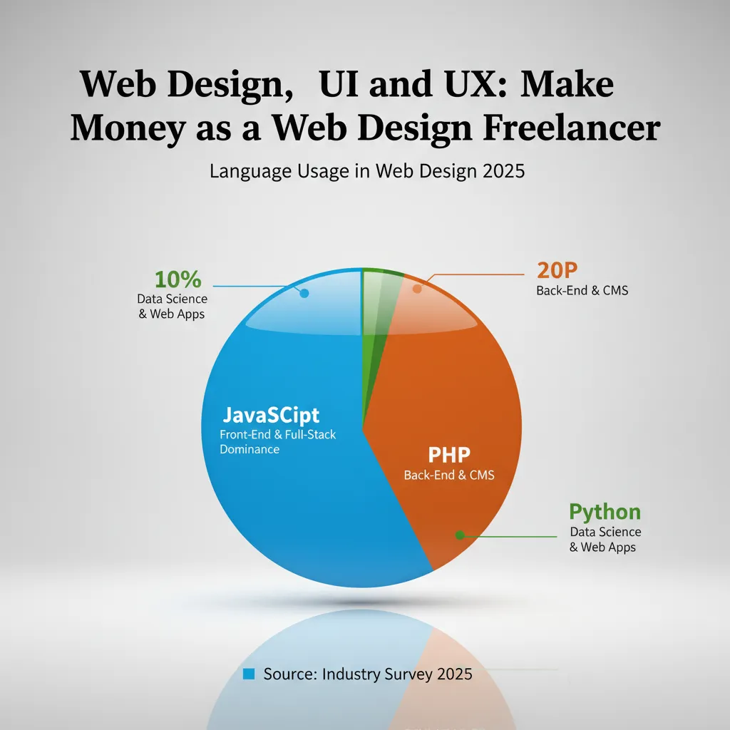 A pie chart titled "Language Usage in Web Design 2025" showing JavaScript dominance compared to PHP and Python for front-end tasks.