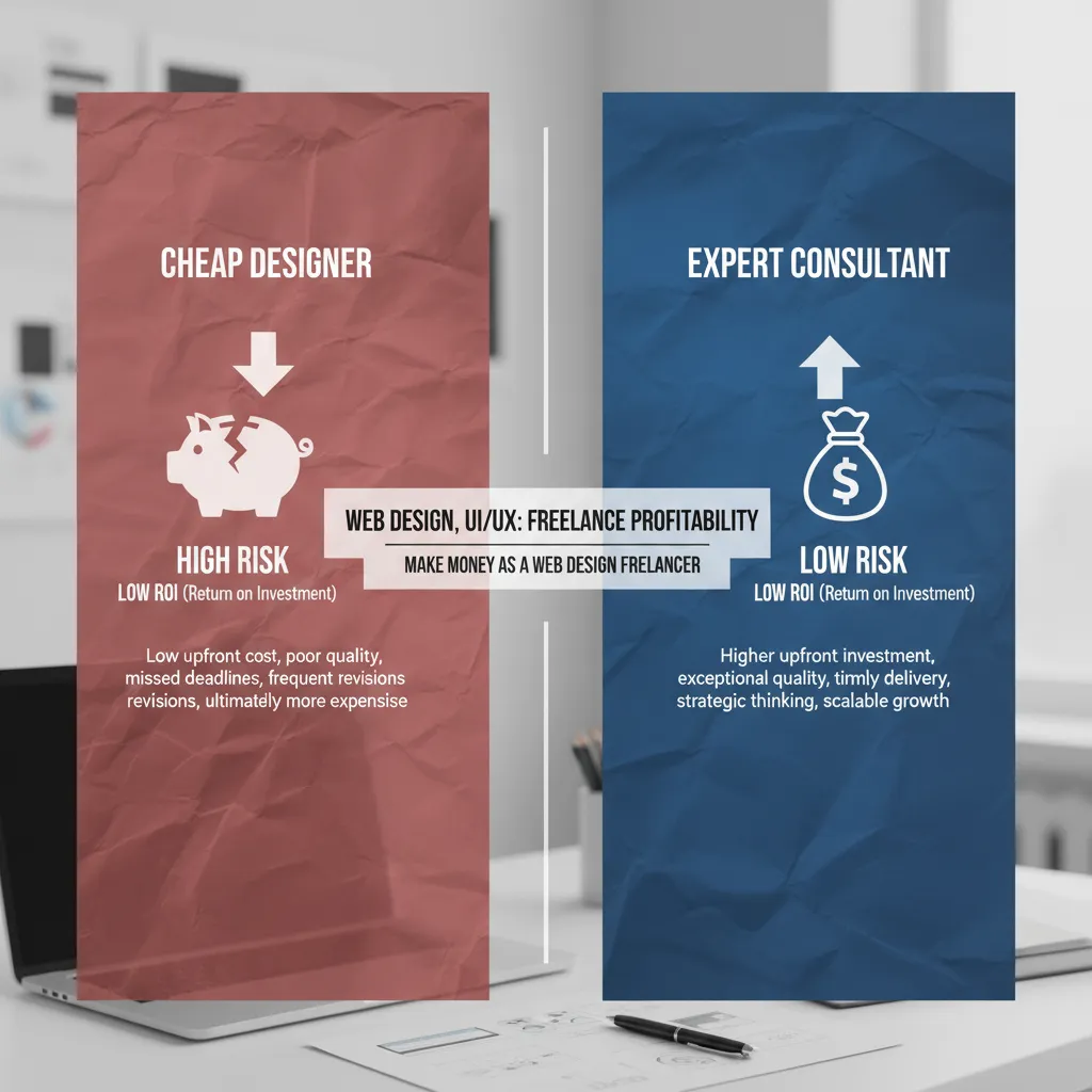 A side-by-side comparison chart. Left side: 'Cheap Designer' (High Risk, Low ROI). Right side: 'Expert Consultant' (Low Risk, High ROI).