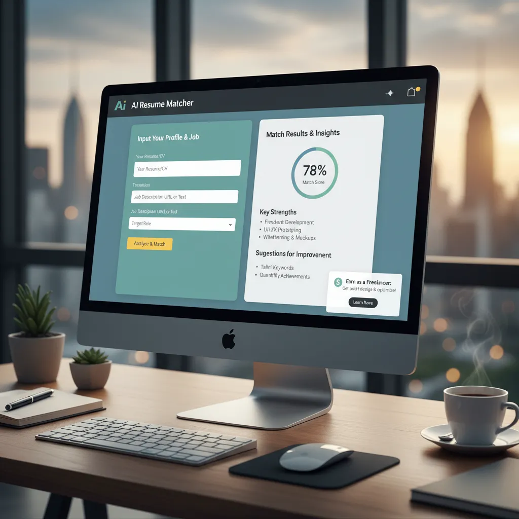 Screenshot of a clean UI for an AI Resume Matcher tool, showing input fields and a results dashboard