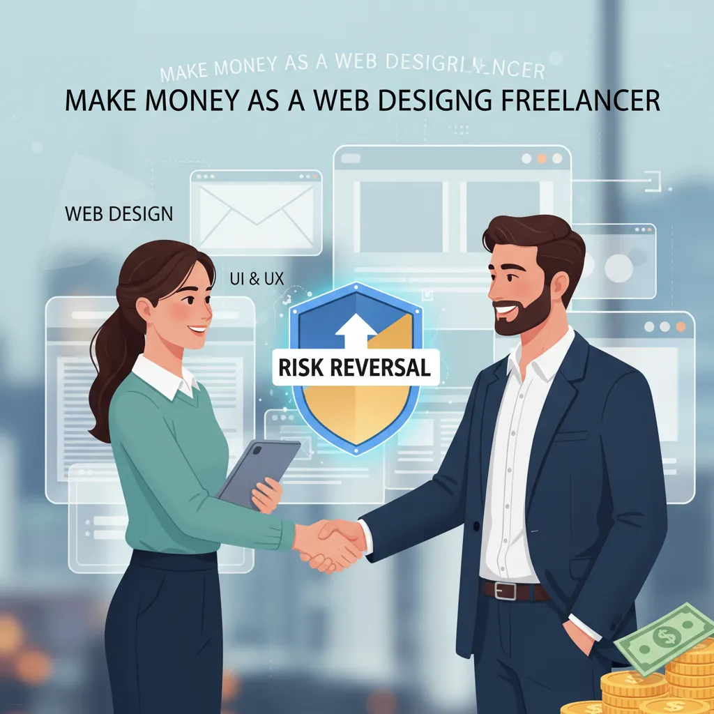 A conceptual illustration showing a designer shaking hands with a client, with a shield icon representing 'Risk Reversal' hovering between them.