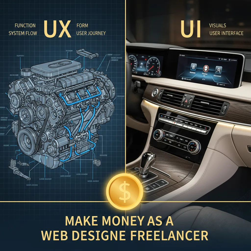 A split-screen illustration showing a car's engine schematics labeled 'UX' on the left and the polished dashboard interior labeled 'UI' on the right, symbolizing function vs. form.