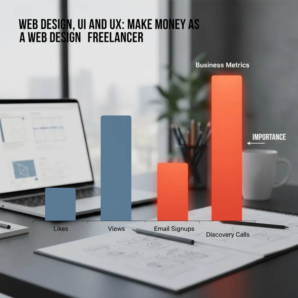 A bar chart comparing "Vanity Metrics" (Likes, Views) vs. "Business Metrics" (Email Signups, Discovery Calls). The Business Metrics bar is highlighted in a bright color to show importance.