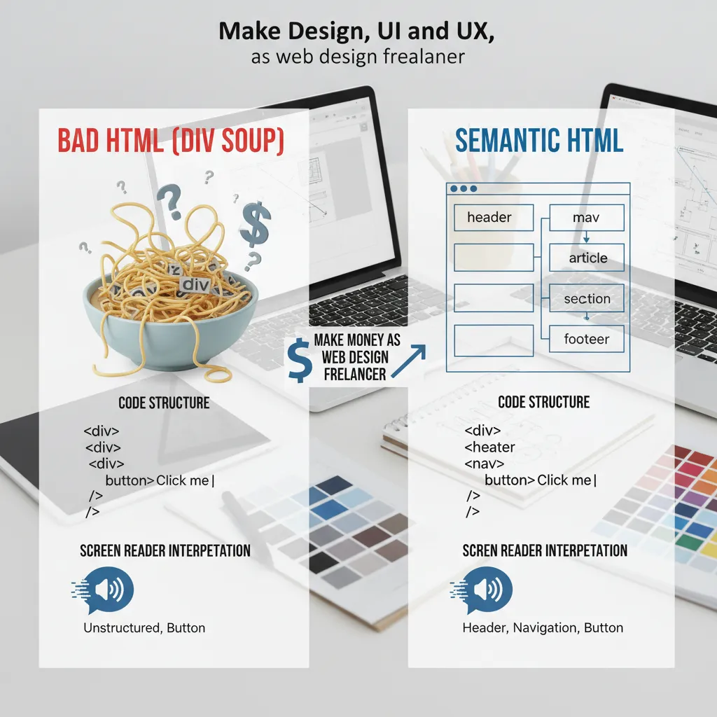 An infographic comparing "Bad HTML" (Div soup) vs "Semantic HTML", highlighting how screen readers interpret each structure differently.