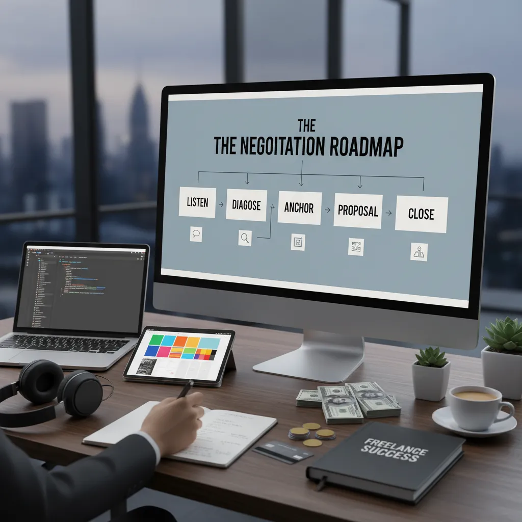 A flowchart graphic titled 'The Negotiation Roadmap' showing steps: Listen -> Diagnose -> Anchor -> Proposal -> Close.