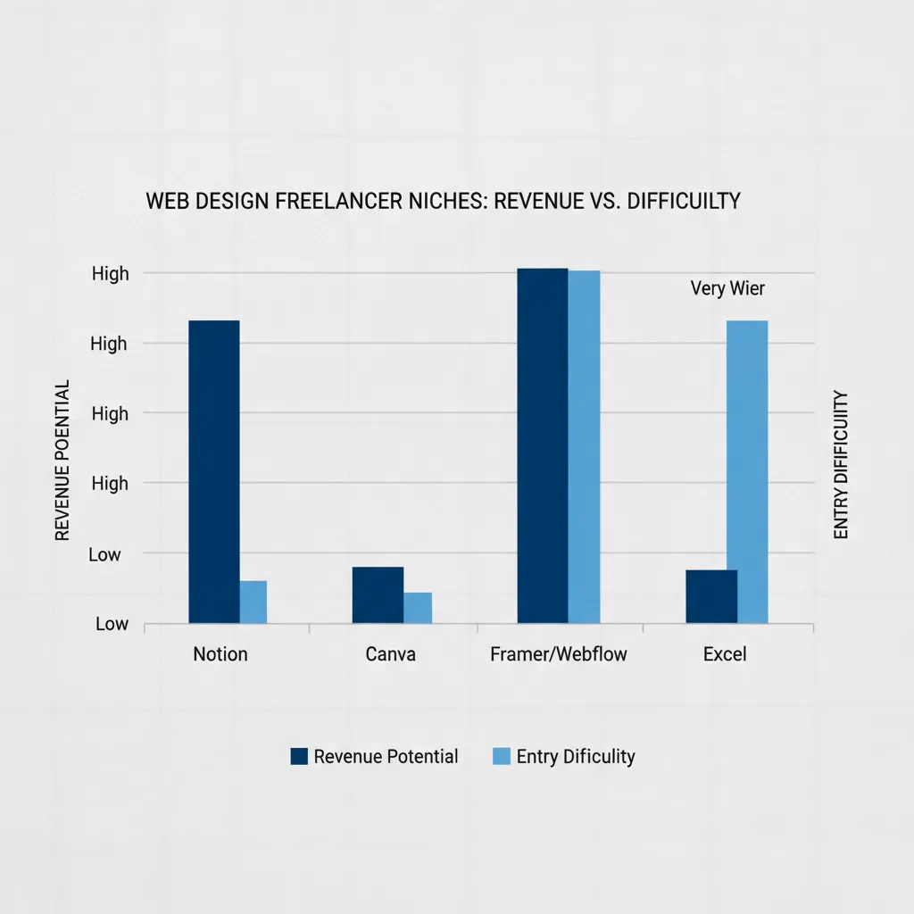 A bar chart comparing the "Revenue Potential" vs "Entry Difficulty" of the four niches: Notion (High potential, Low difficulty), Canva (Medium potential, Low difficulty), Framer/Webflow (Very High potential, High difficulty), Excel (High potential, Medium difficulty).
