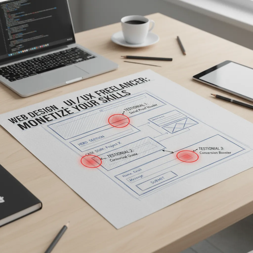 A website wireframe diagram showing three "Hot Zones" for testimonial placement: The Hero Section, Inside Case Study Content, and Next to the Contact Form.