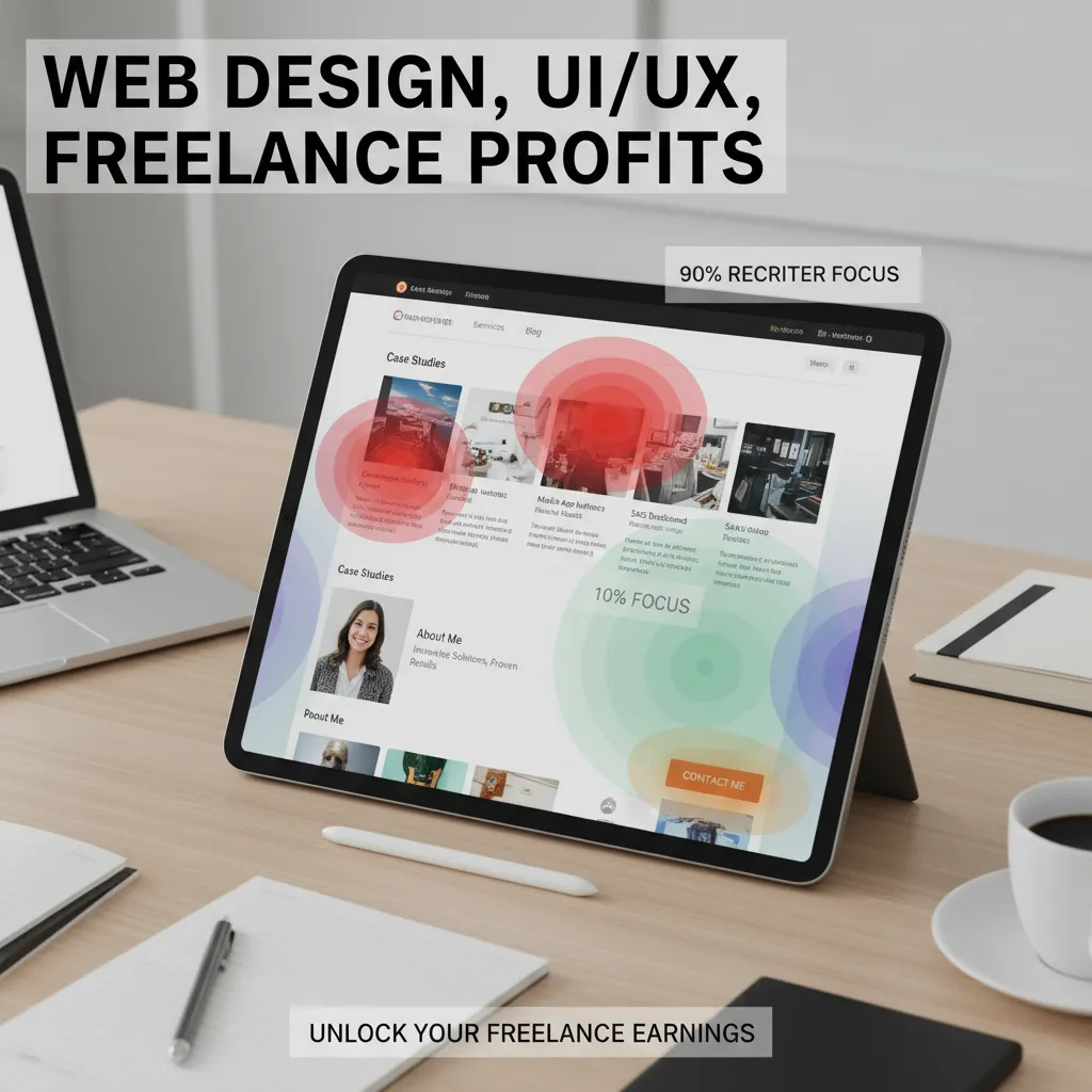 An infographic heatmap showing where recruiters look on a portfolio website: Hotspots on the 'Case Studies' headlines, the 'About' photo, and the 'Contact' button, with the rest of the page fading into cool colors.