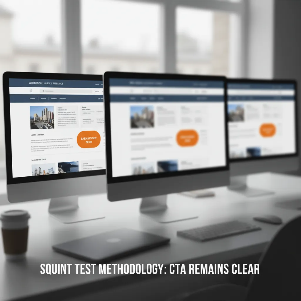A conceptual GIF or image showing a website transforming from sharp to blurred, demonstrating the 'Squint Test' methodology where the CTA remains visible.