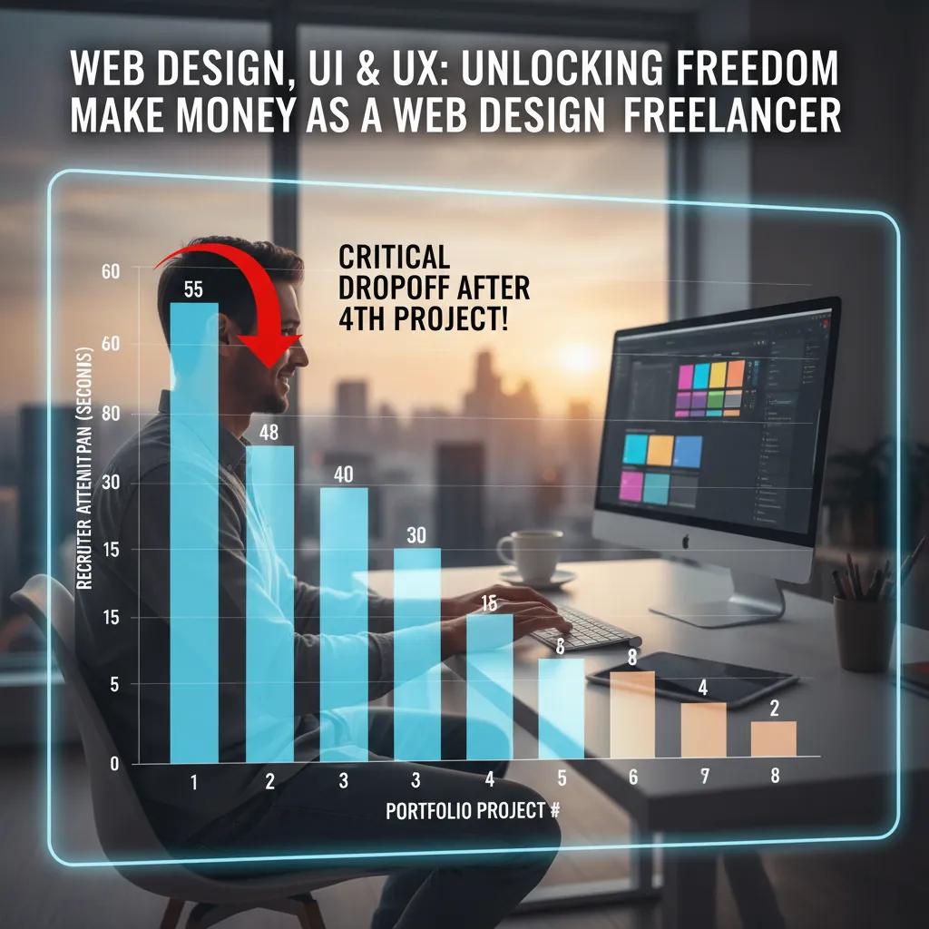A bar chart visualization showing 'Recruiter Attention Span' dropping off significantly after the 4th project in a portfolio.