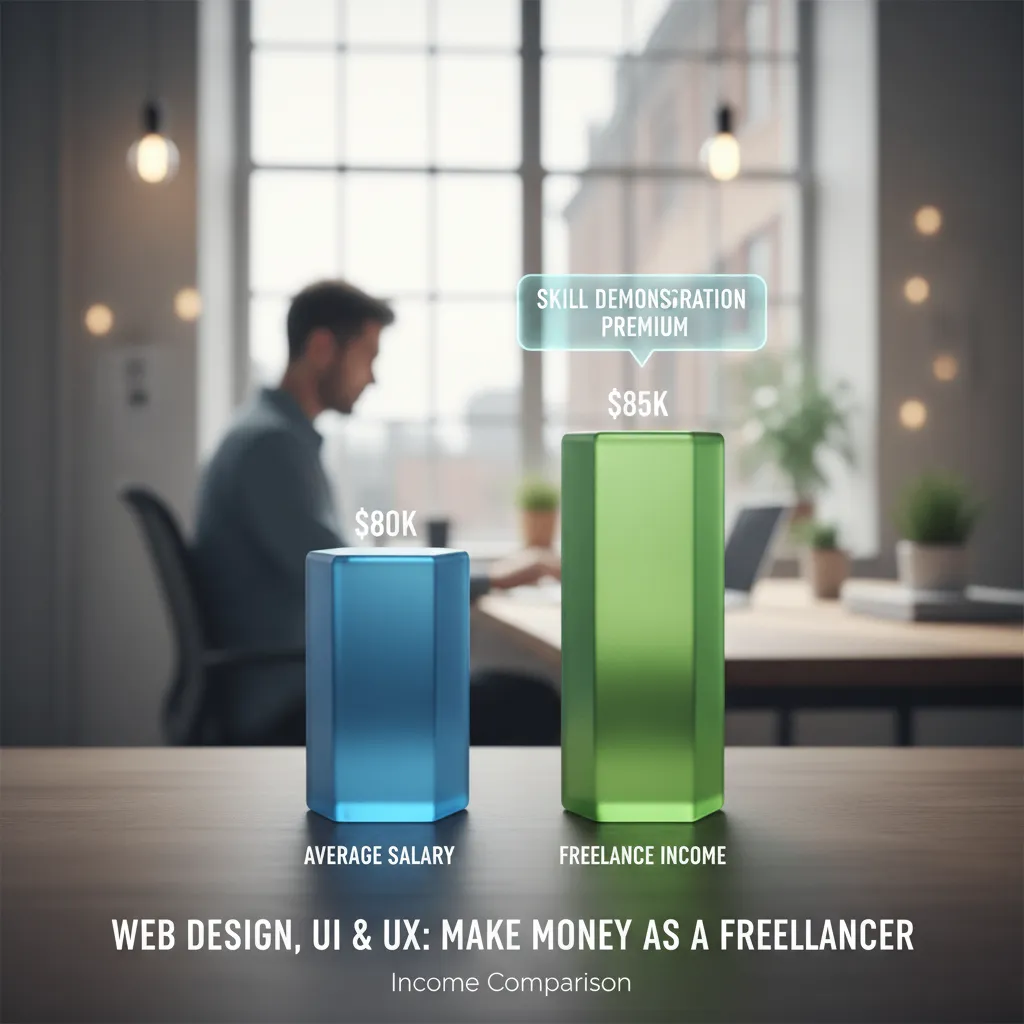 A bar chart comparing "Average Salary" vs "Freelance Income." The freelance bar is slightly higher ($85k vs $80k), annotated with "Skill Demonstration Premium."