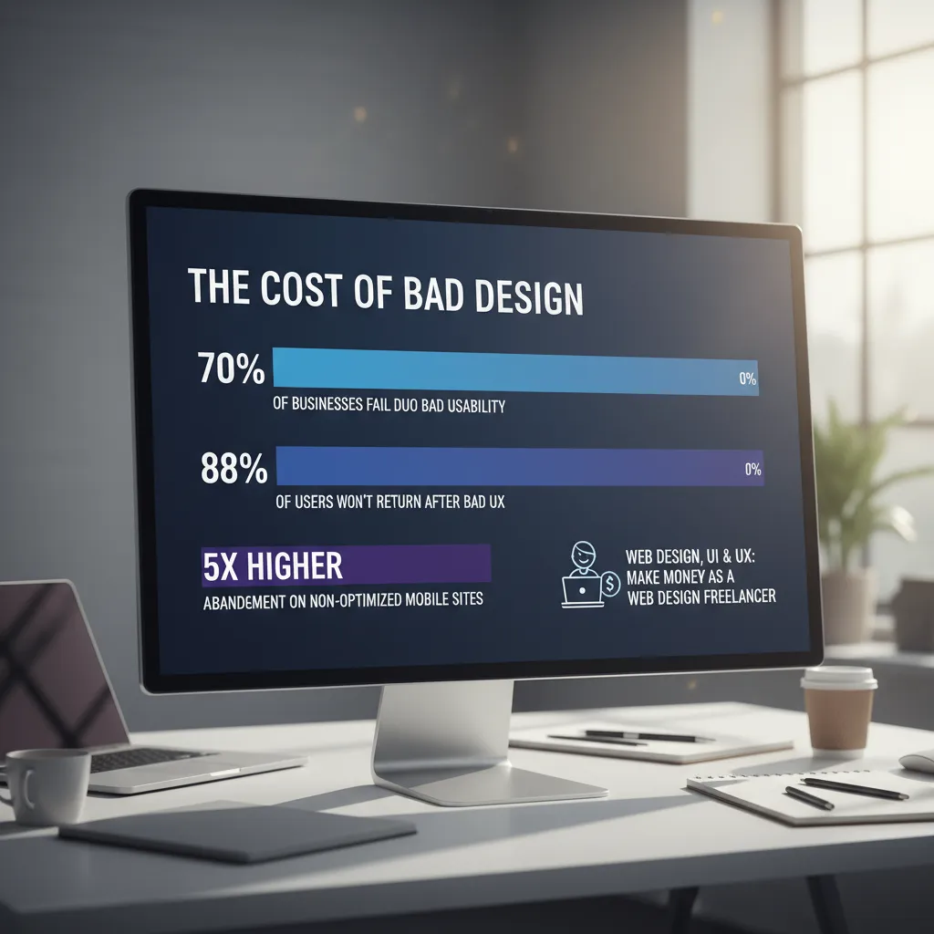 A bar chart infographic titled 'The Cost of Bad Design'. Bar 1: '70% of businesses fail due to bad usability'. Bar 2: '88% of users won't return after bad UX'. Bar 3: '5x higher abandonment on non-optimized mobile sites'.