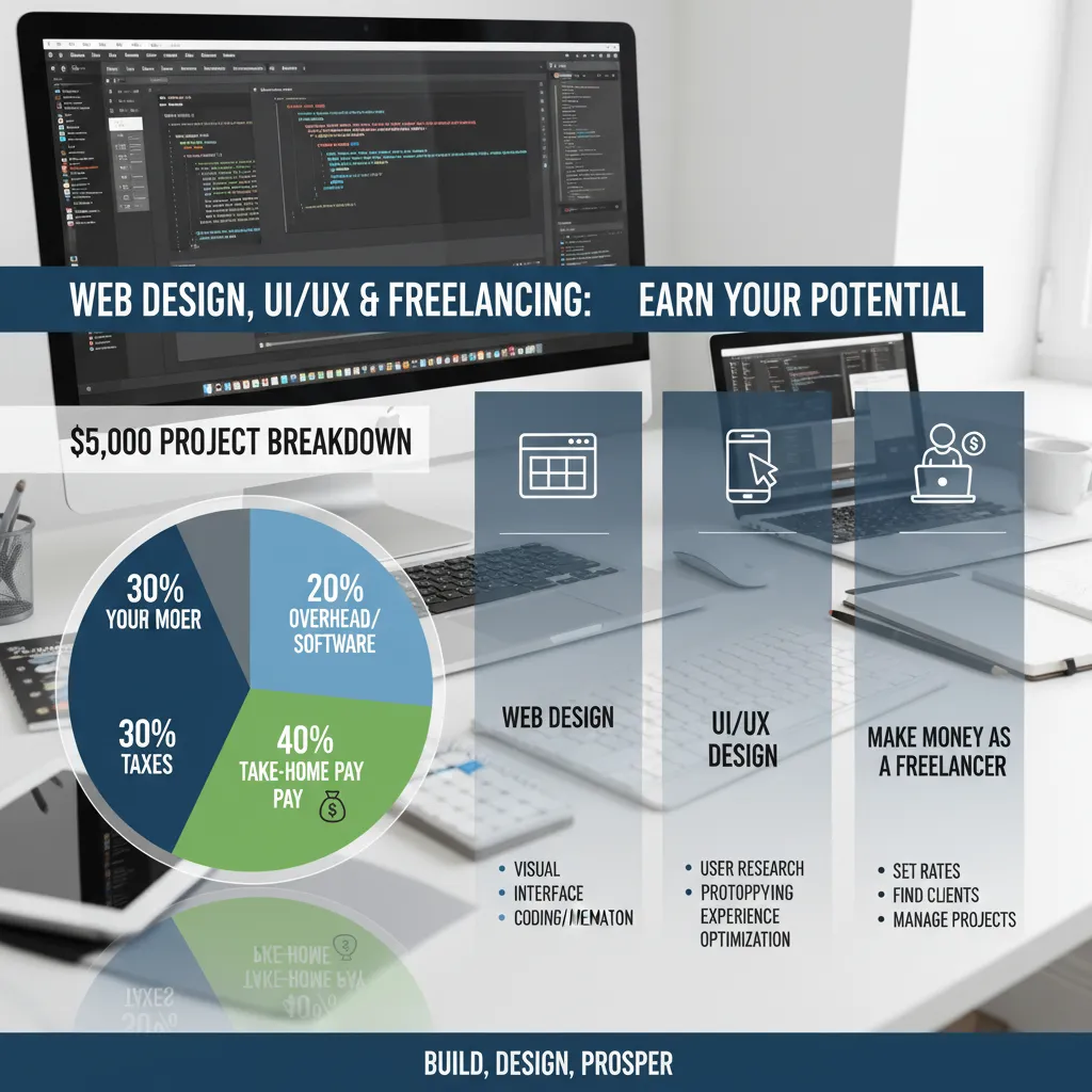 A "Where Your Money Goes" pie chart breakdown for a $5,000 project: 30% Taxes, 20% Overhead/Software, 10% Unbillable Admin, 40% Take-home pay.