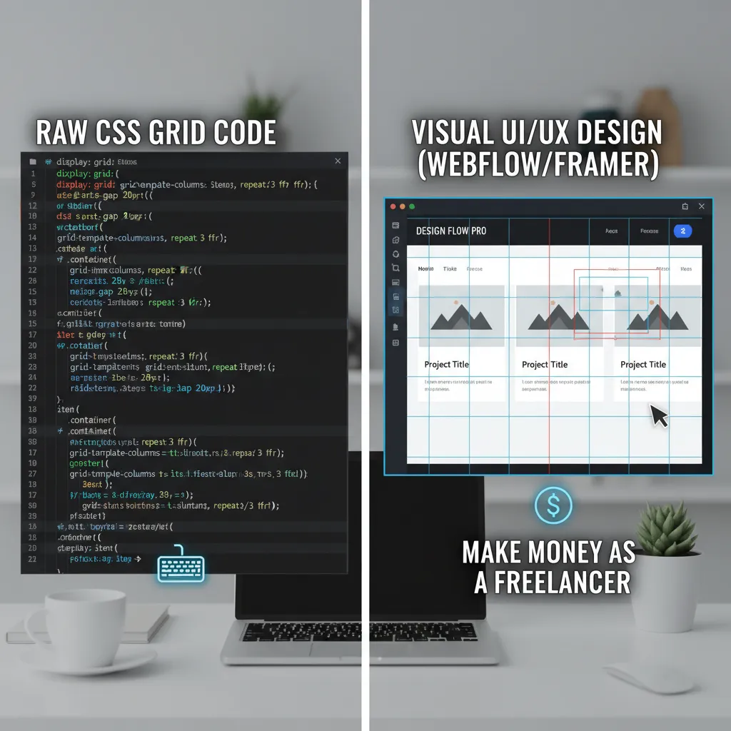 A screenshot comparison of a raw CSS Grid code snippet versus the visual interface in Webflow or Framer, highlighting the correlation.