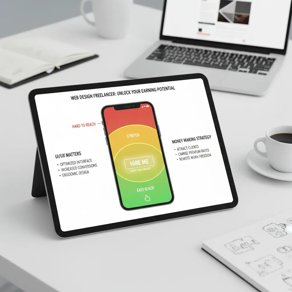 An infographic illustrating the 'Thumb Zone' on a mobile screen, showing green (easy reach), yellow (stretch), and red (hard to reach) areas, with a CTA placed in the green zone.