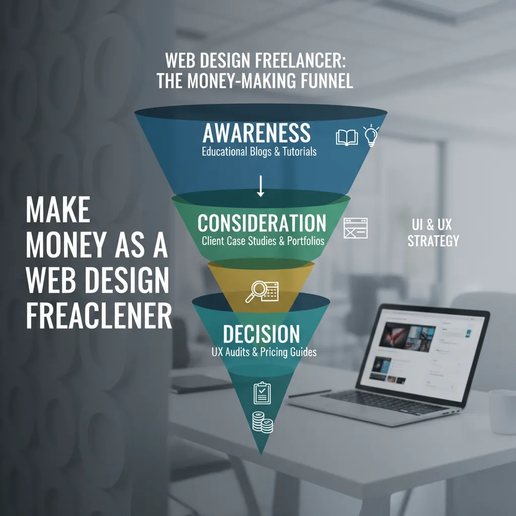 A funnel diagram labeled "The Design Content Funnel." Top section: "Awareness - Educational Blogs." Middle section: "Consideration - Case Studies." Bottom section: "Decision - Audits & Pricing Guides."