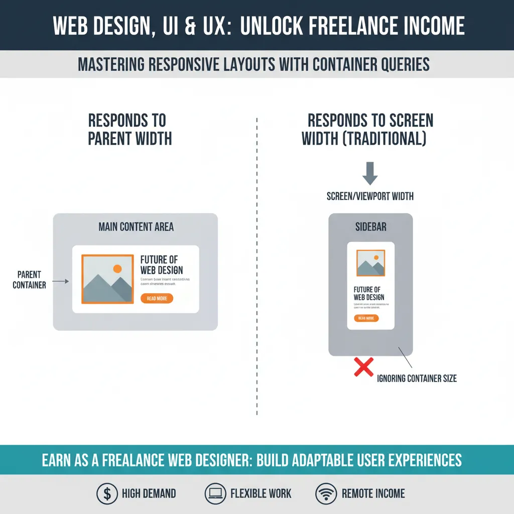 Visualizing Container Queries. Show a "News Card" component. On the left, it is wide inside a main content area. On the right, the exact same component is narrow inside a sidebar. The infographic labels "Responds to Parent Width" vs "Responds to Screen Width".