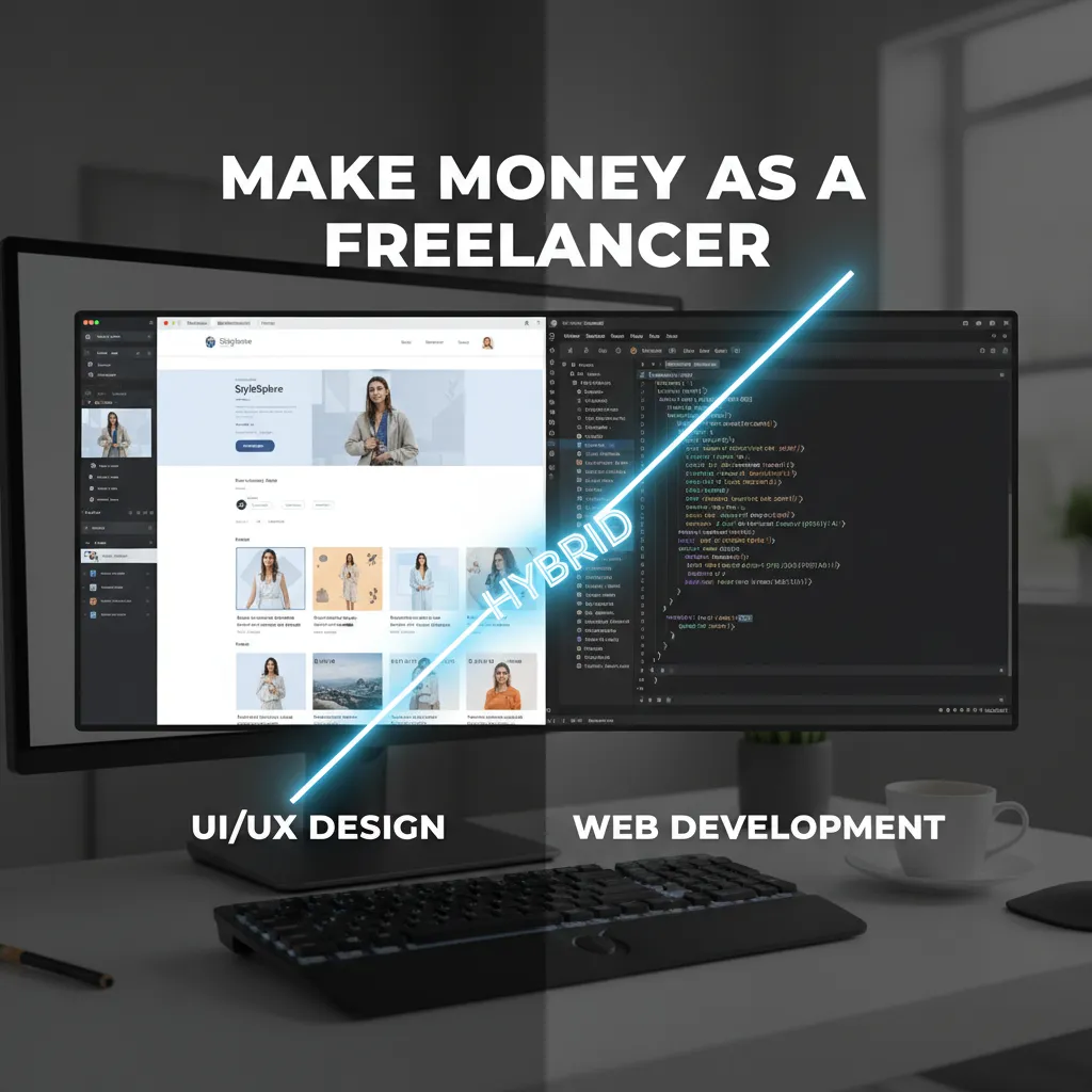 A sleek, split-screen graphic showing a Figma interface on the left and VS Code syntax on the right, connected by a glowing line representing the "Hybrid" workflow.