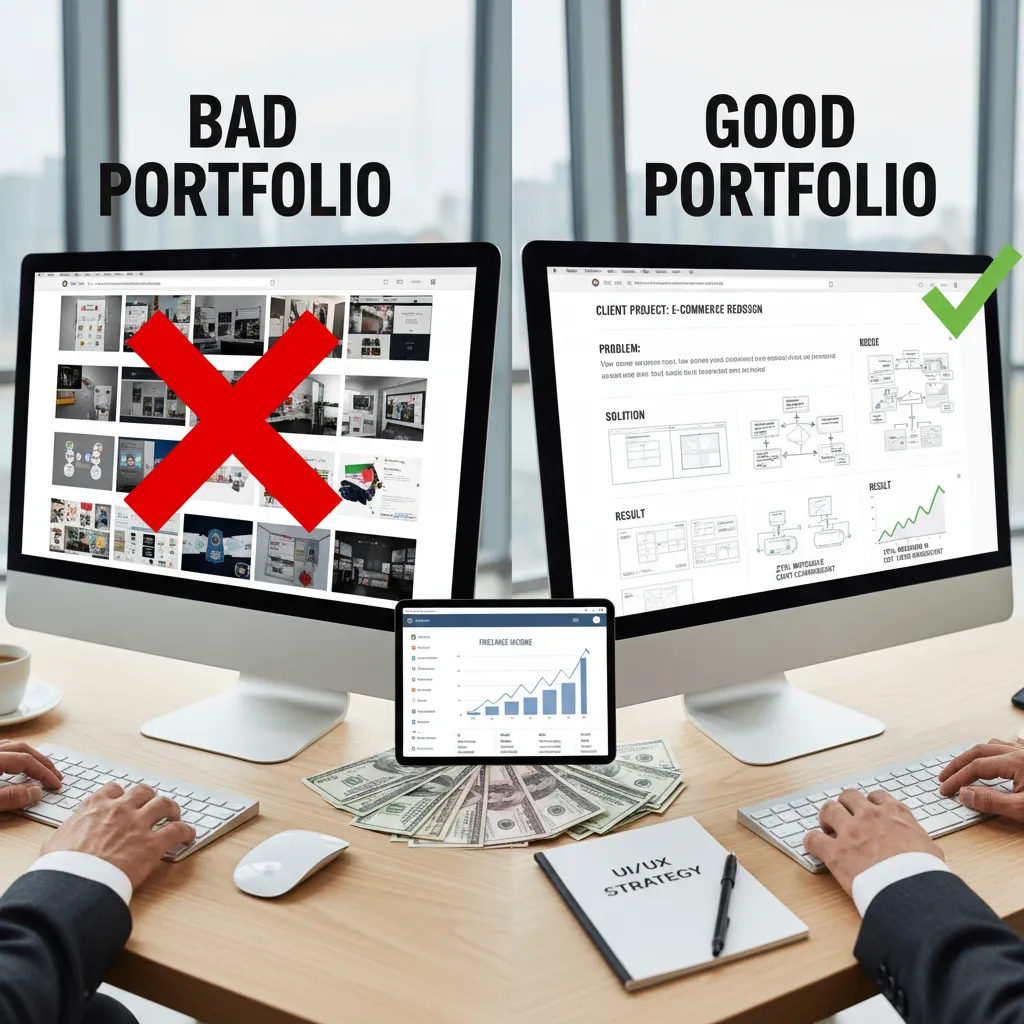 A side-by-side comparison of a 'Bad Portfolio' (just images) vs. a 'Good Portfolio' (Problem-Solution-Result case study format).