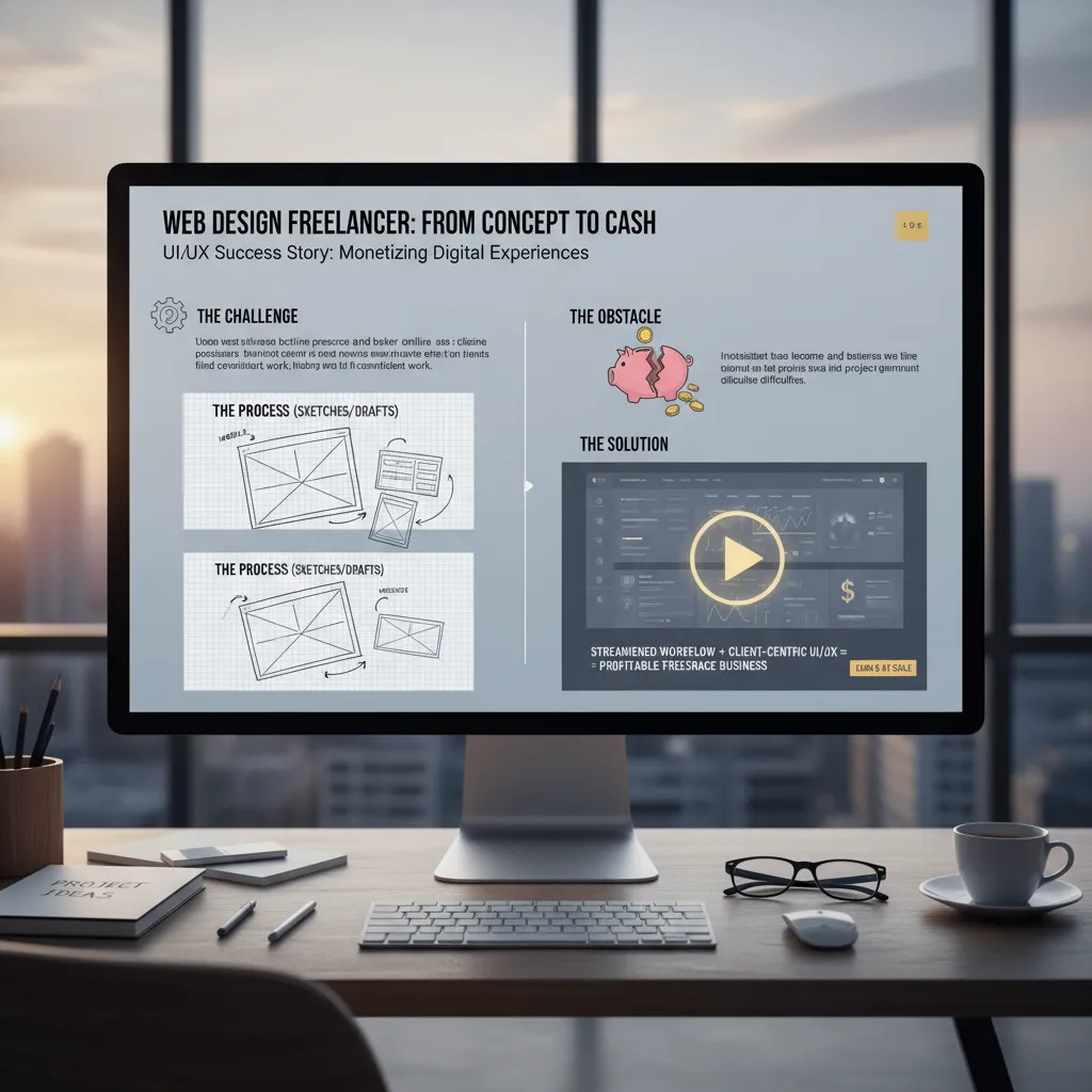 A screenshot illustration of a "Case Study" layout. It includes sections labeled "The Challenge," "The Process (sketches/drafts)," "The Obstacle," and "The Solution," highlighting the storytelling aspect.
