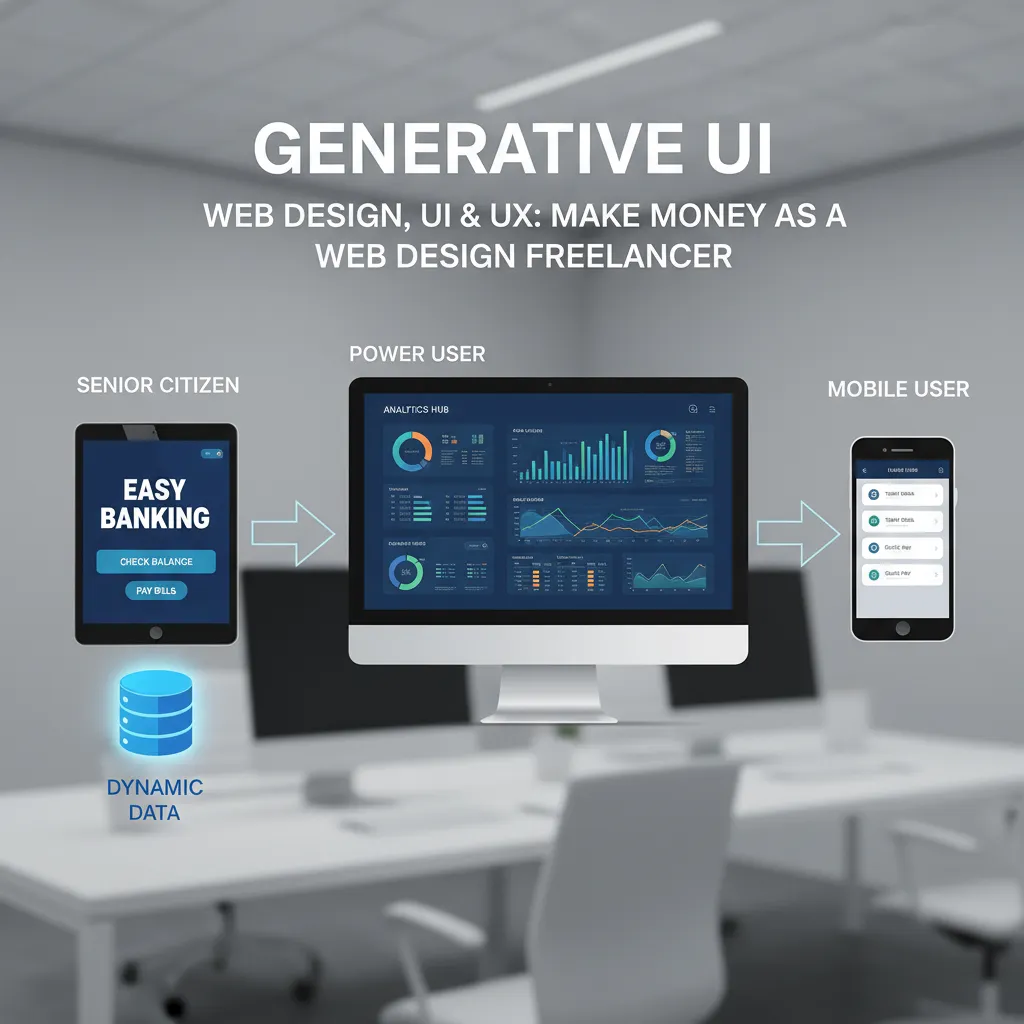 An infographic illustrating "Generative UI". It shows one database feeding into three different screens: one for a senior citizen (large text, high contrast), one for a power user (dense data dashboard), and one for a mobile user (simplified cards).