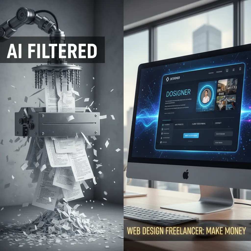 A split-screen comparison graphic showing a stack of paper resumes being shredded by a robot on the left, and a glowing, interactive personal portfolio website on a monitor on the right, symbolizing the "AI filter" vs. "Direct Access."