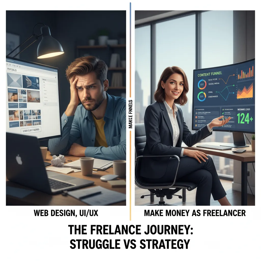 A split-screen illustration. On the left, a frustrated designer staring at an empty inbox with a "Portfolio" tab open. On the right, a confident agency owner reviewing a dashboard of incoming leads labeled "Content Funnel."