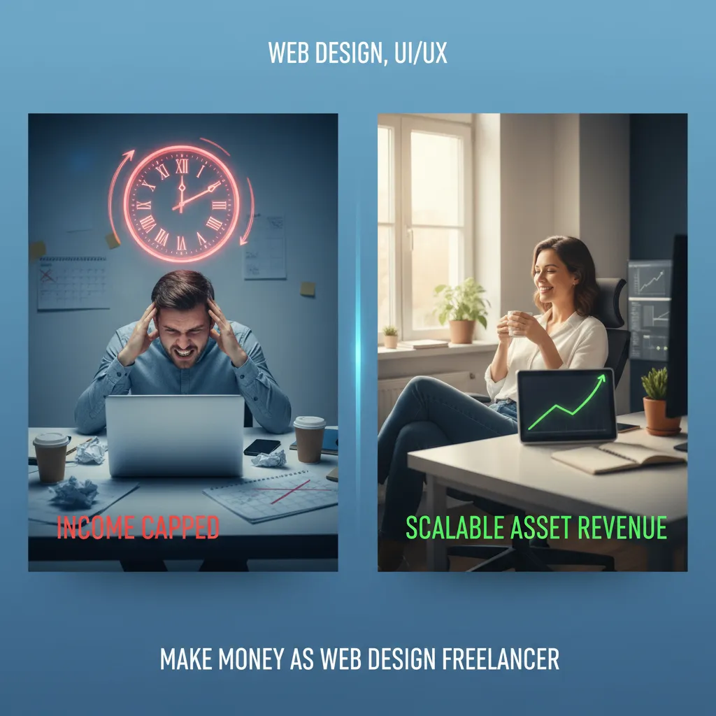A split-screen graphic. Left side shows a stressed freelancer with a clock and "Income Capped" label. Right side shows a relaxed freelancer with a rising graph labeled "Scalable Asset Revenue." The background is clean and modern professional blue.