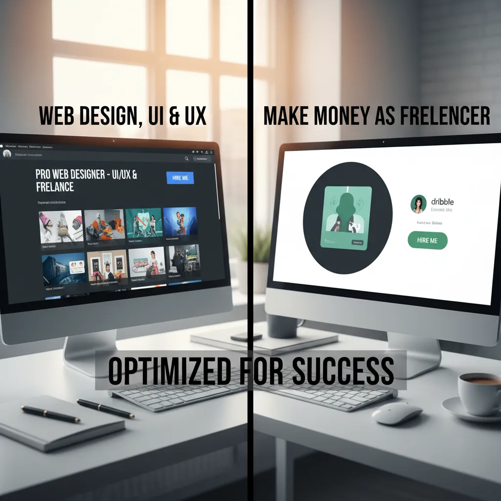 A screenshot comparison of a well-optimized Behance profile vs. a Dribbble shot, highlighting where the "Hire Me" buttons are located