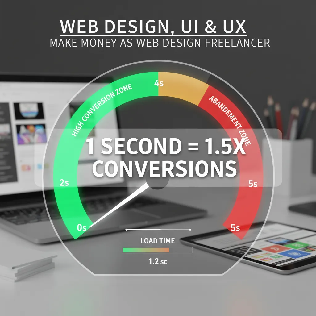 A speedometer style graphic showing load times. The green zone (0-2s) is labeled "High Conversion Zone". The red zone (5s+) is labeled "Abandonment Zone". A text overlay states "1 Second = 1.5x Conversions".