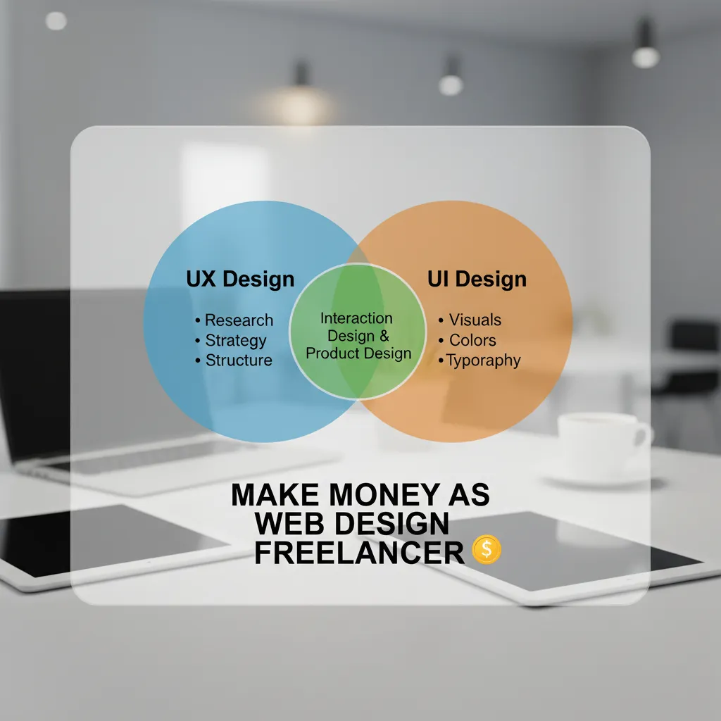 A Venn Diagram graphic. Left circle: 'UX Design (Research, Strategy, Structure)'. Right circle: 'UI Design (Visuals, Colors, Typography)'. Overlap section: 'Interaction Design & Product Design'.