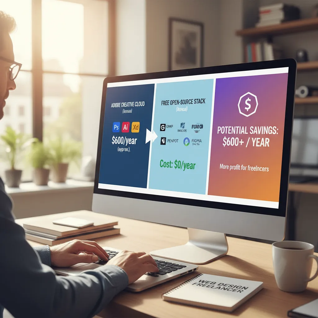 A comparison chart visualizing the cost difference between Adobe Creative Cloud Annual subscription versus the Free Open Source stack, showing potential savings of $600+ per year.