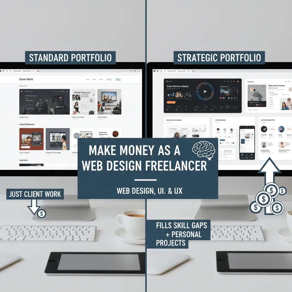 A split-screen graphic comparing a 'Standard Portfolio' with just client work versus a 'Strategic Portfolio' highlighted with personal projects filling skill gaps.