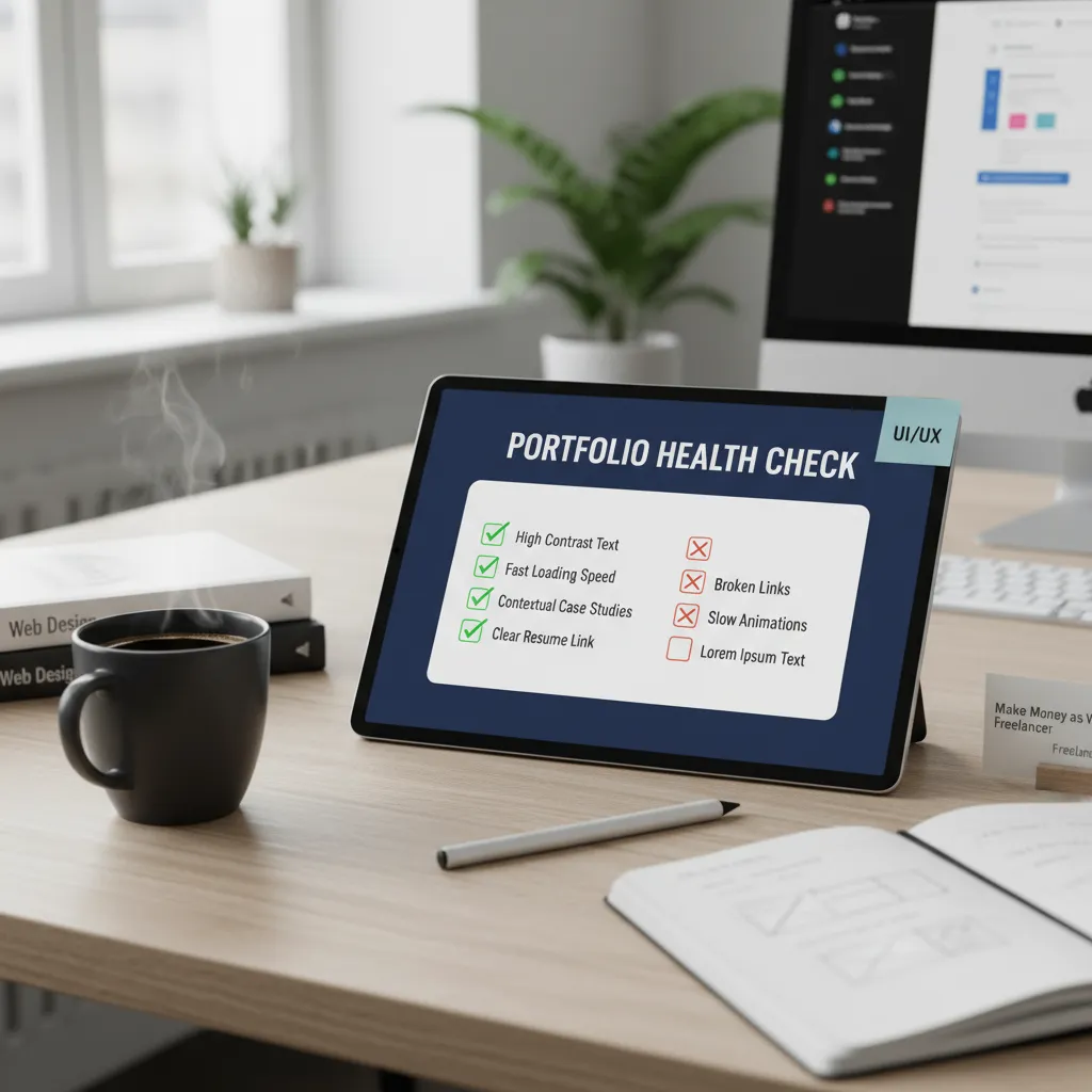 A checklist graphic titled "Portfolio Health Check." Items checked off: "High Contrast Text," "Fast Loading Speed," "Contextual Case Studies," "Clear Resume Link." Items with red X: "Broken Links," "Slow Animations," "Lorem Ipsum Text."