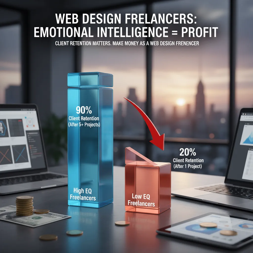 A chart comparing "Client Retention Rates" between High EQ and Low EQ freelancers, showing a steep drop-off for Low EQ designers after the first project.