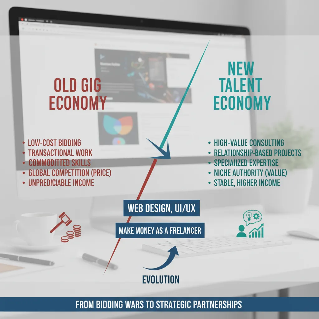 A visually engaging infographic comparing the "Old Gig Economy" vs. "New Talent Economy" showing the shift from low-cost bidding to high-value consulting
