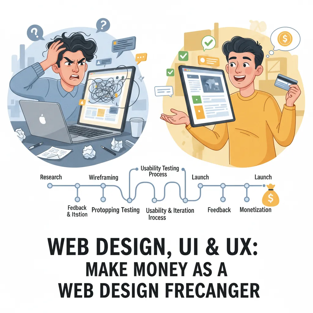 Illustration of a split screen showing a frustrated user on the left and a happy user on the right, connected by a roadmap labeled "Usability Testing Process"