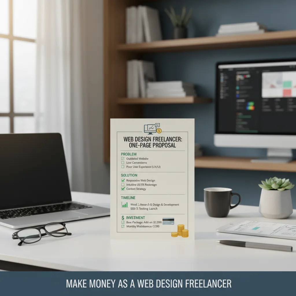 A visual checklist of a "One-Page Proposal" structure showing Problem, Solution, Timeline, and Investment sections