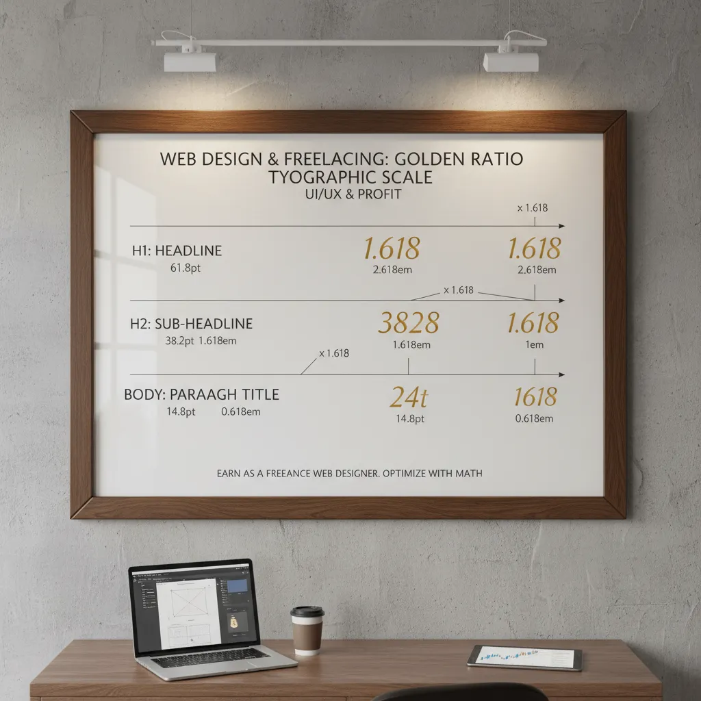 A typographic scale chart visualising the H1, H2, H3, and Body text sizes using the Golden Ratio 1.618, showing the mathematical progression.