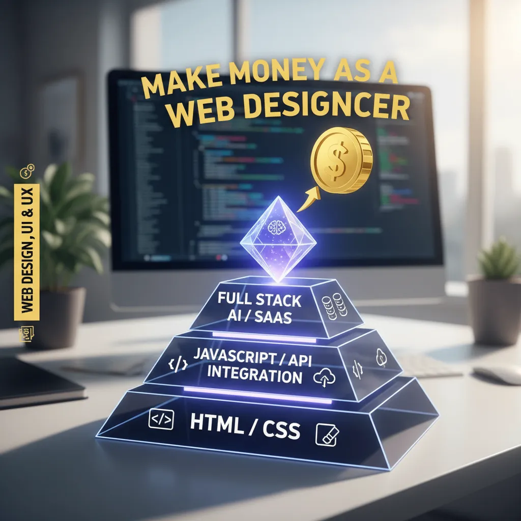 Infographic showing the "Portfolio Pyramid" - Base: HTML/CSS, Mid: JS/API, Peak: Full Stack/AI/SaaS