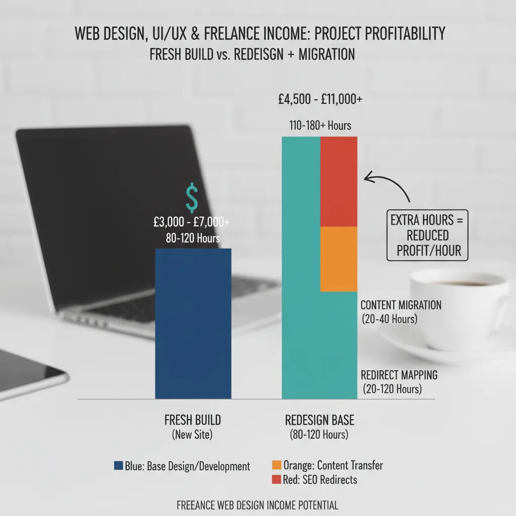 Bar graph comparing "Fresh Build" costs vs. "Redesign + Migration" costs, highlighting the extra hours needed for content migration and redirect mapping.