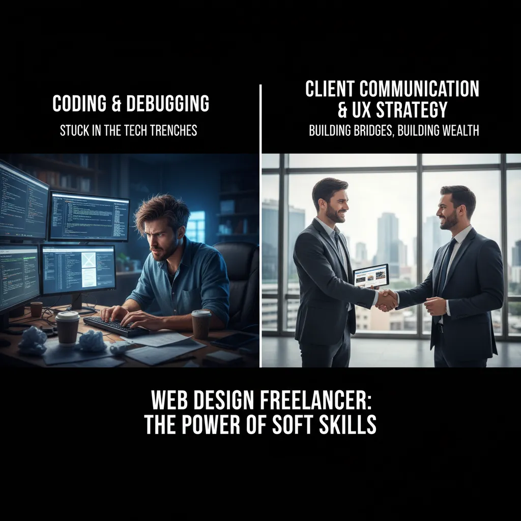 A split-screen illustration showing a stressed designer buried in code on the left versus a relaxed designer shaking hands with a client on the right, symbolizing the difference soft skills make.