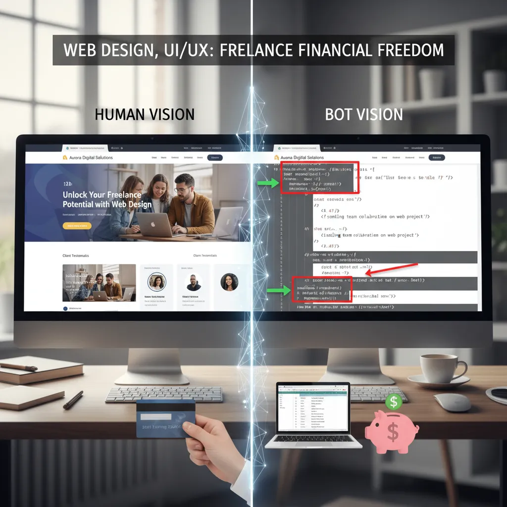 Chart comparing "Human Vision" vs. "Bot Vision." Human side shows a beautiful website; Bot side shows the raw HTML structure, highlighting H1, Alt Tags, and ARIA labels.