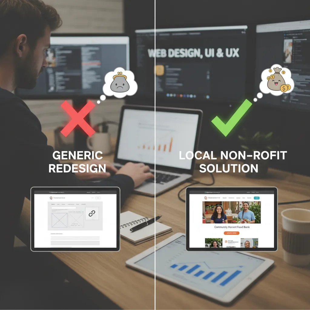 Comparison graphic. Left side: "Generic Redesign" (Red X). Right side: "Local Non-Profit Solution" (Green Checkmark). Shows the value of solving local problems.
