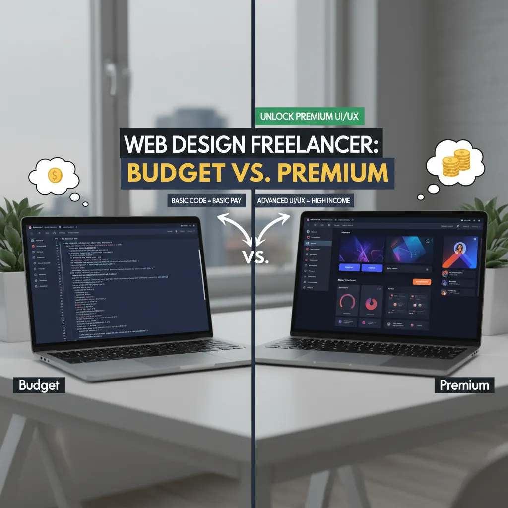 A split-screen comparison graphic showing a "Budget" laptop screen with basic code vs. a "Premium" screen with advanced UI/UX elements, representing the pricing tier difference.