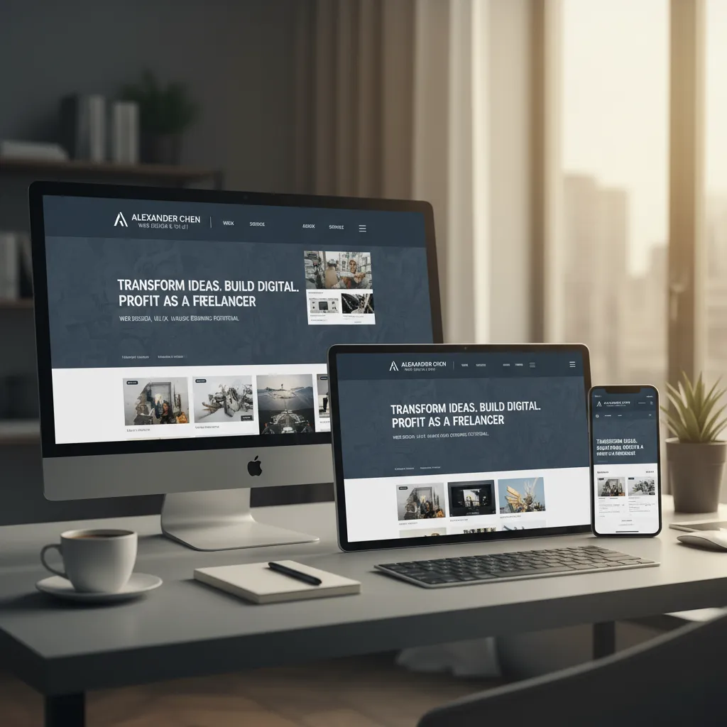 Screenshot of a mobile responsiveness test. Showing a portfolio scaling perfectly from desktop to tablet to mobile view.