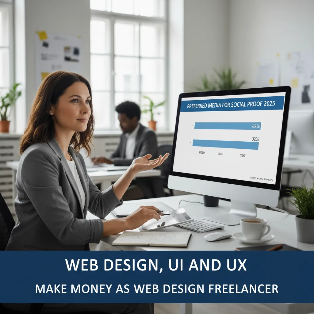 A bar chart titled "Preferred Media for Social Proof 2025" showing Video at 68% and Text at 32%, sourced from Wyzowl 2024 data.