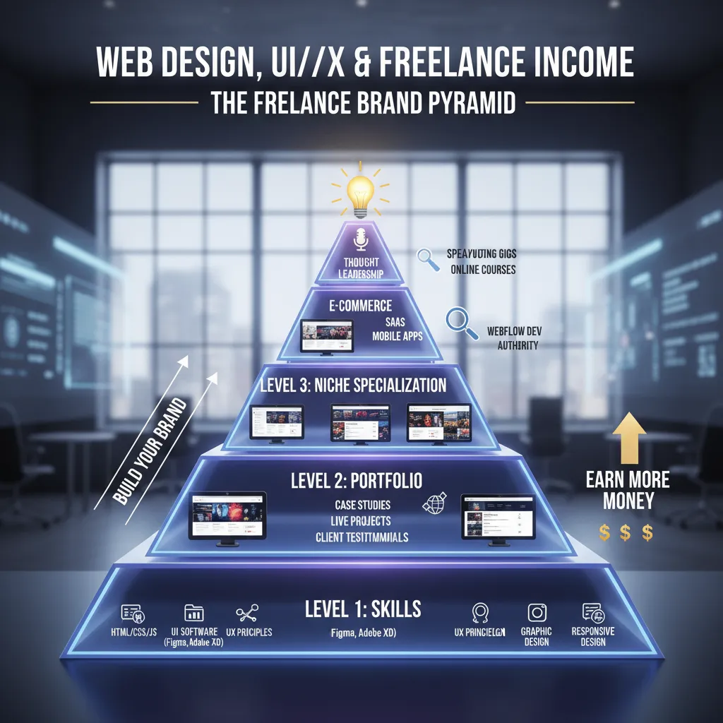 The Freelance Brand Pyramid - Level 1: Skills (Base), Level 2: Portfolio, Level 3: Niche Specialization, Level 4: Thought Leadership (Peak)