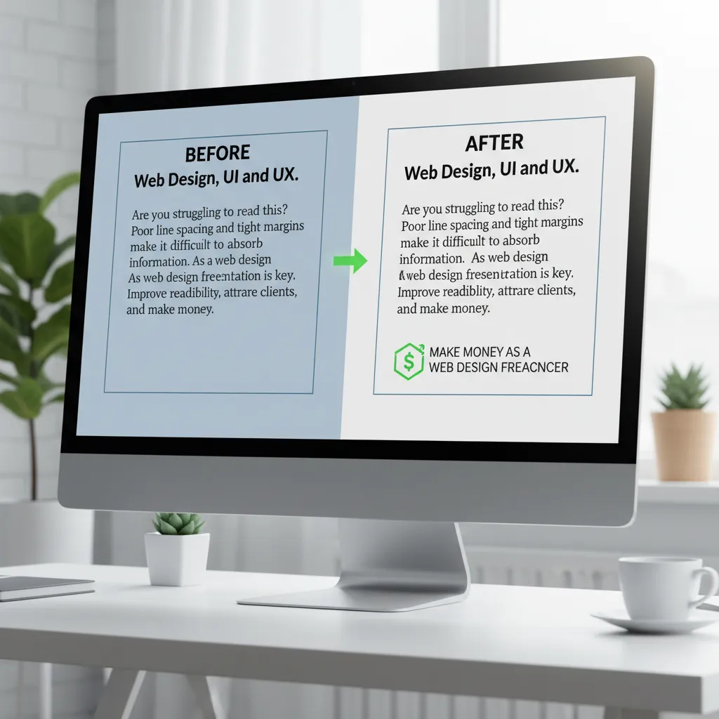 A 'before and after' comparison of a text block. Left side has tight margins and poor line height (hard to read). Right side has generous whitespace and leading, showing improved readability.