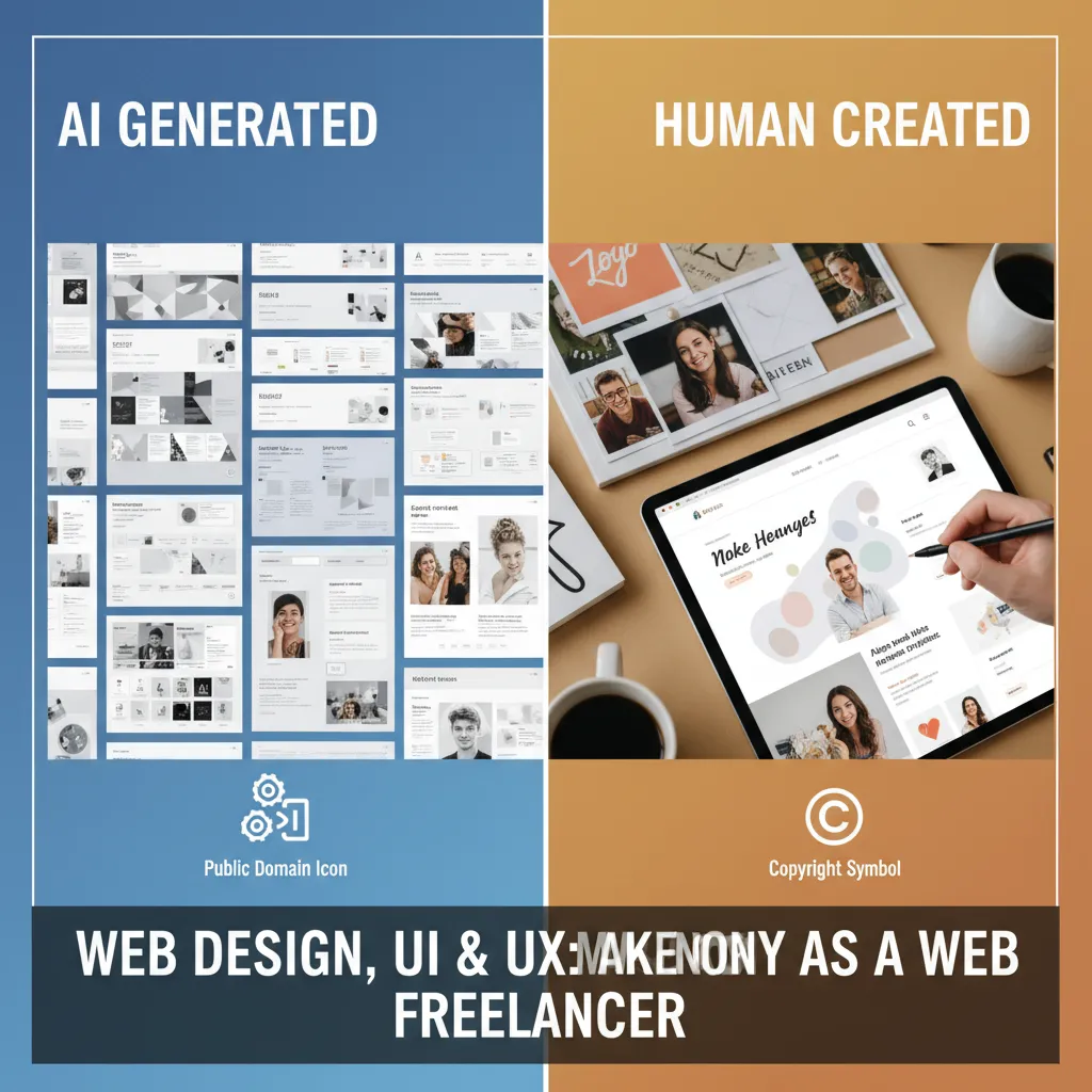 A comparative visual: Left side "AI Generated" with a public domain icon; Right side "Human Created" with a Copyright symbol