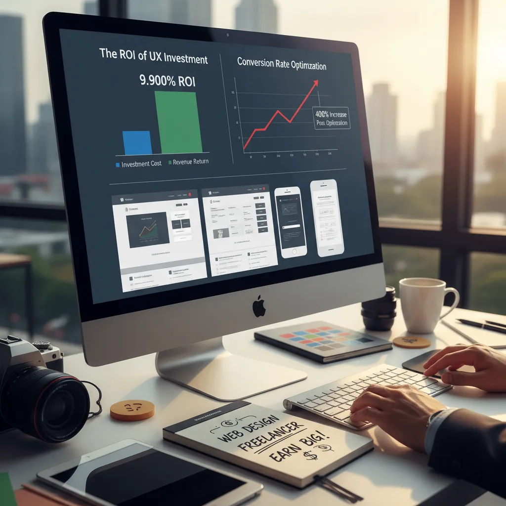 A bar chart titled "The ROI of UX Investment". It compares "Investment Cost" (small bar) vs "Revenue Return" (huge bar, labeled 9,900% ROI). A secondary line graph shows Conversion Rate increasing by 400% post-optimization.